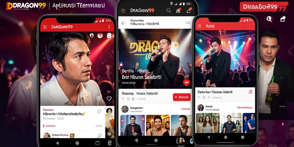 Antarmuka aplikasi DRAGON99 dengan berita hiburan selebriti terkini.