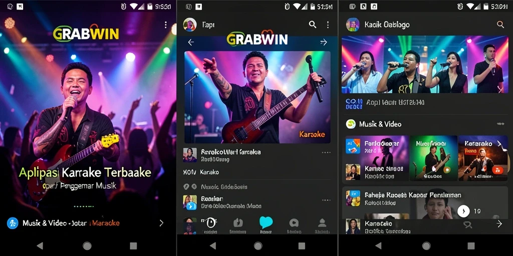 Tampilan antarmuka aplikasi Karaoke GRABWIN dengan fitur-fitur menarik.